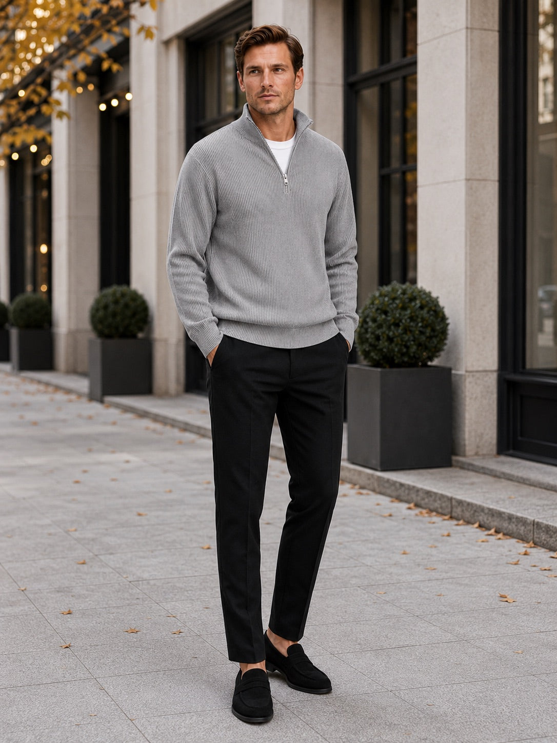 Men’s Quarter Zip Jumper Ribbed Stand Collar Long Sleeve Knit Autumn Winter Pullover for Business Casual and Everyday Wear