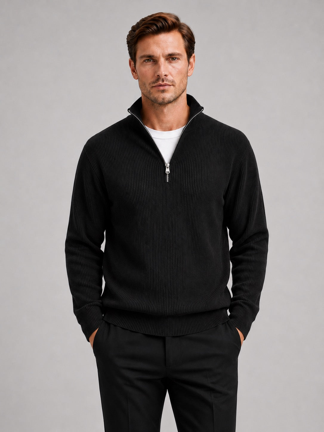 Men’s Quarter Zip Jumper Ribbed Stand Collar Long Sleeve Knit Autumn Winter Pullover for Business Casual and Everyday Wear