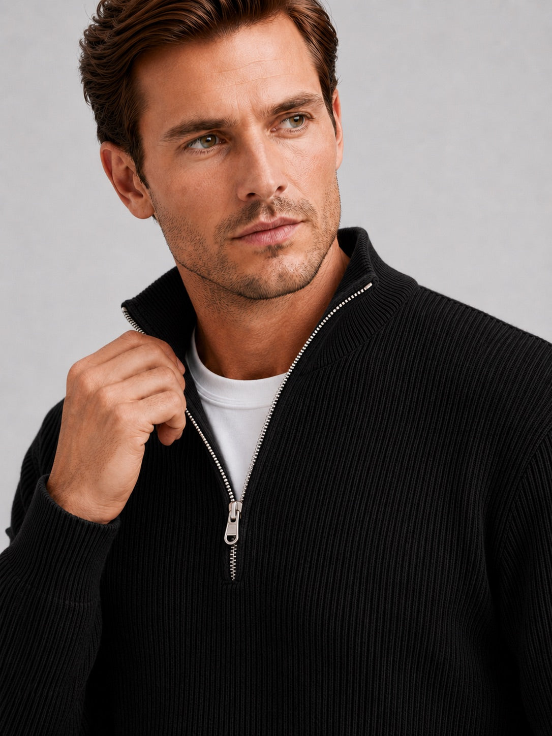 Men’s Quarter Zip Jumper Ribbed Stand Collar Long Sleeve Knit Autumn Winter Pullover for Business Casual and Everyday Wear