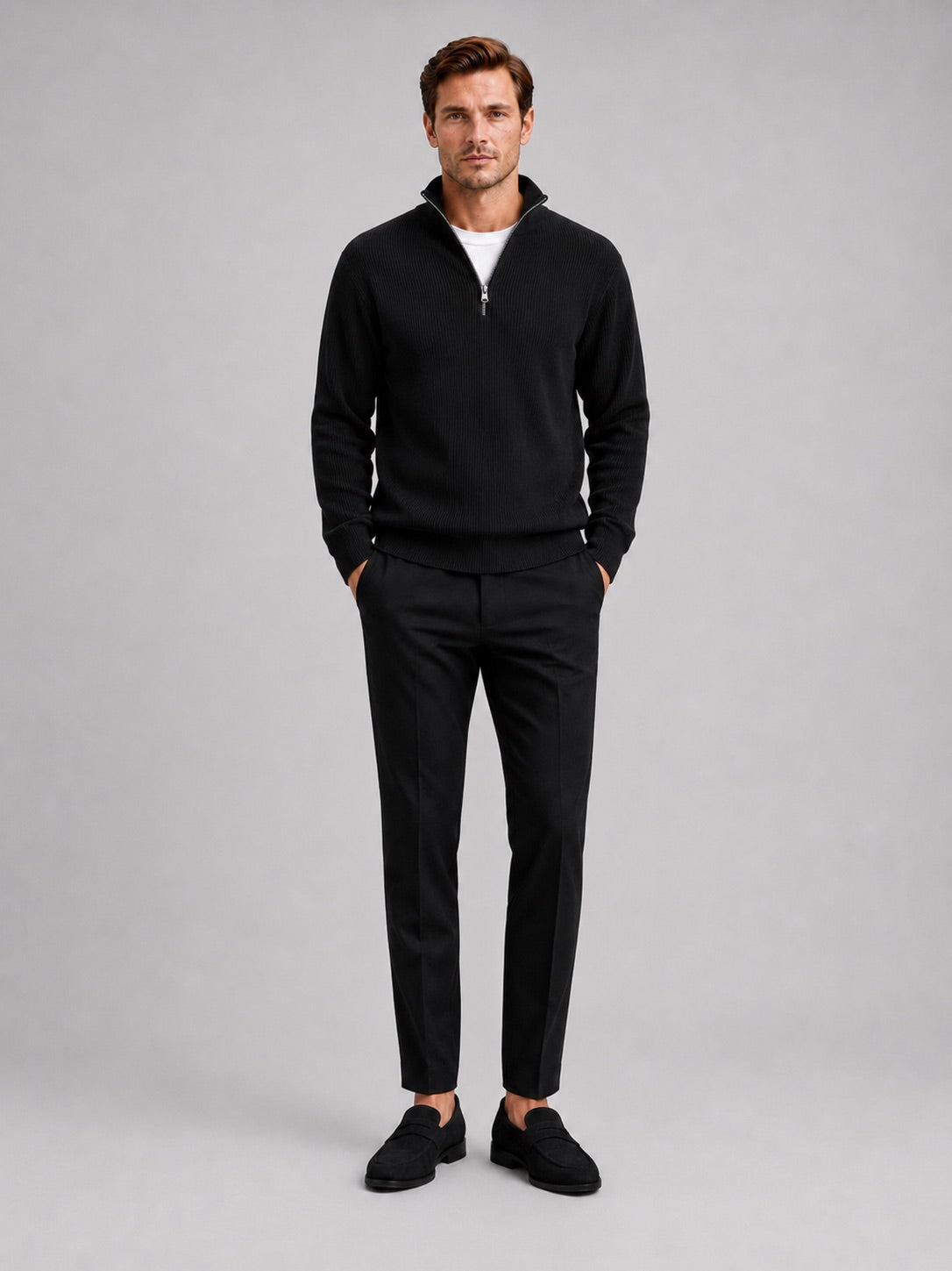 Men’s Quarter Zip Jumper Ribbed Stand Collar Long Sleeve Knit Autumn Winter Pullover for Business Casual and Everyday Wear