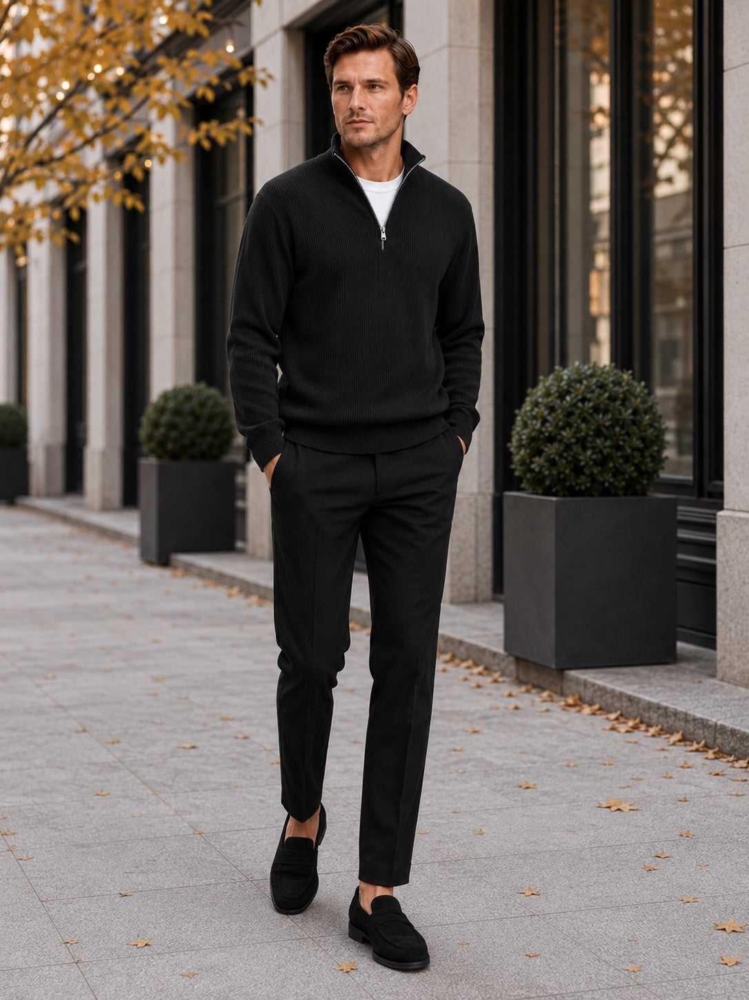 Men’s Quarter Zip Jumper Ribbed Stand Collar Long Sleeve Knit Autumn Winter Pullover for Business Casual and Everyday Wear