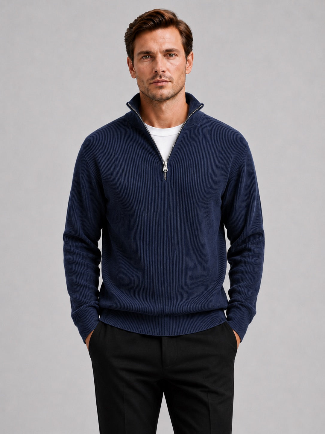 Men’s Quarter Zip Jumper Ribbed Stand Collar Long Sleeve Knit Autumn Winter Pullover for Business Casual and Everyday Wear