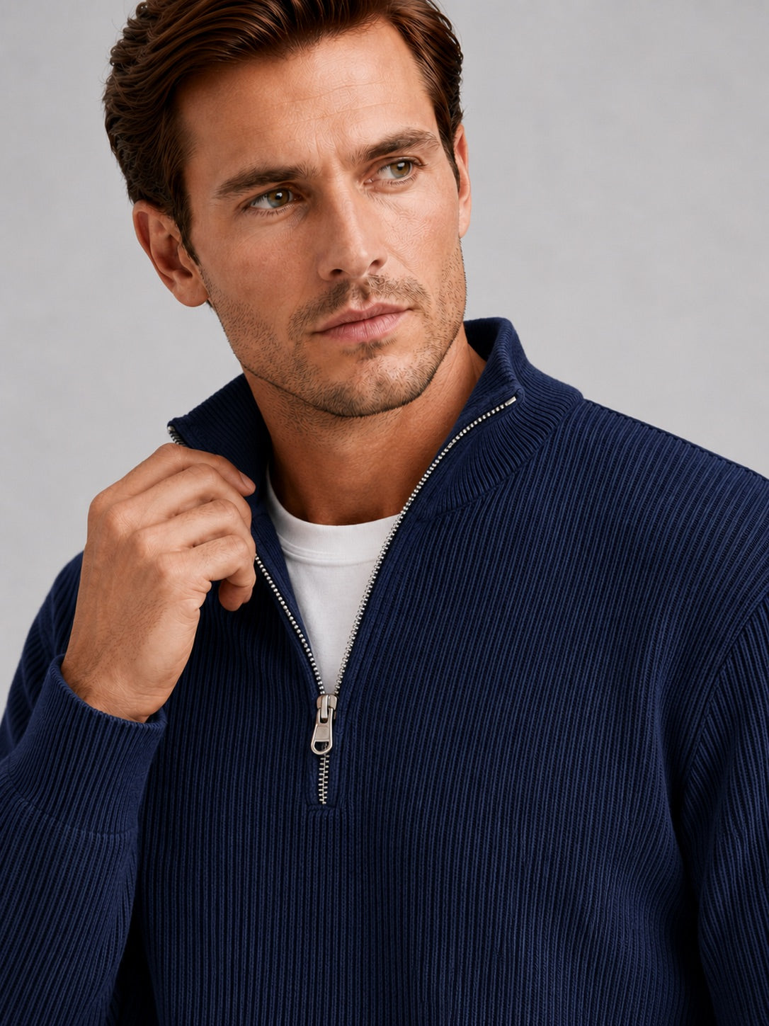 Men’s Quarter Zip Jumper Ribbed Stand Collar Long Sleeve Knit Autumn Winter Pullover for Business Casual and Everyday Wear