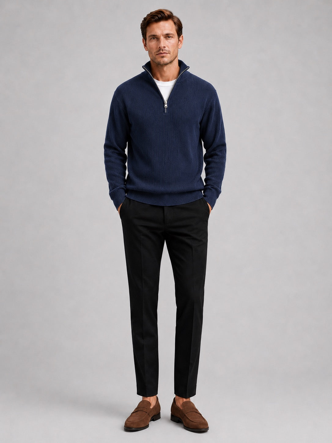 Men’s Quarter Zip Jumper Ribbed Stand Collar Long Sleeve Knit Autumn Winter Pullover for Business Casual and Everyday Wear