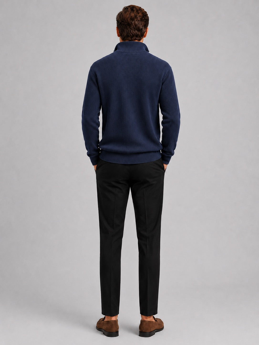 Men’s Quarter Zip Jumper Ribbed Stand Collar Long Sleeve Knit Autumn Winter Pullover for Business Casual and Everyday Wear