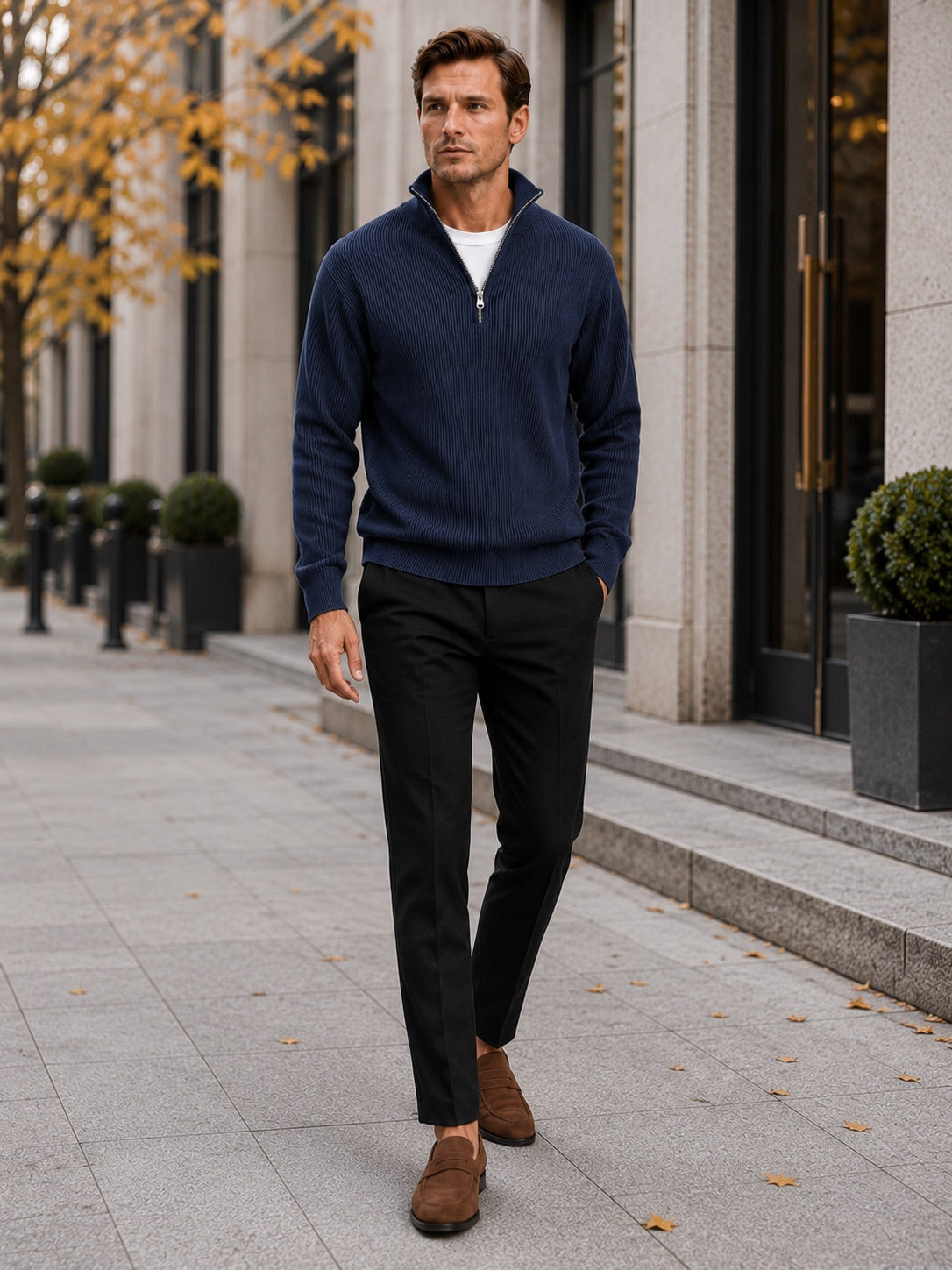 Men’s Quarter Zip Jumper Ribbed Stand Collar Long Sleeve Knit Autumn Winter Pullover for Business Casual and Everyday Wear