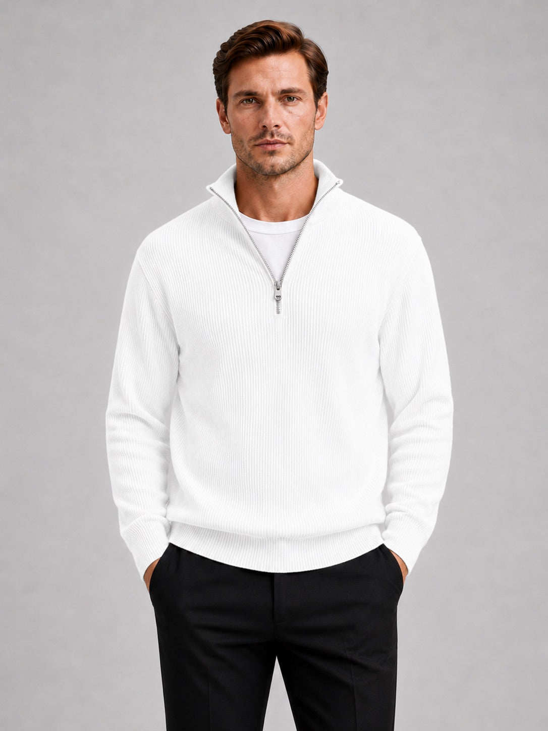 Men’s Quarter Zip Jumper Ribbed Stand Collar Long Sleeve Knit Autumn Winter Pullover for Business Casual and Everyday Wear