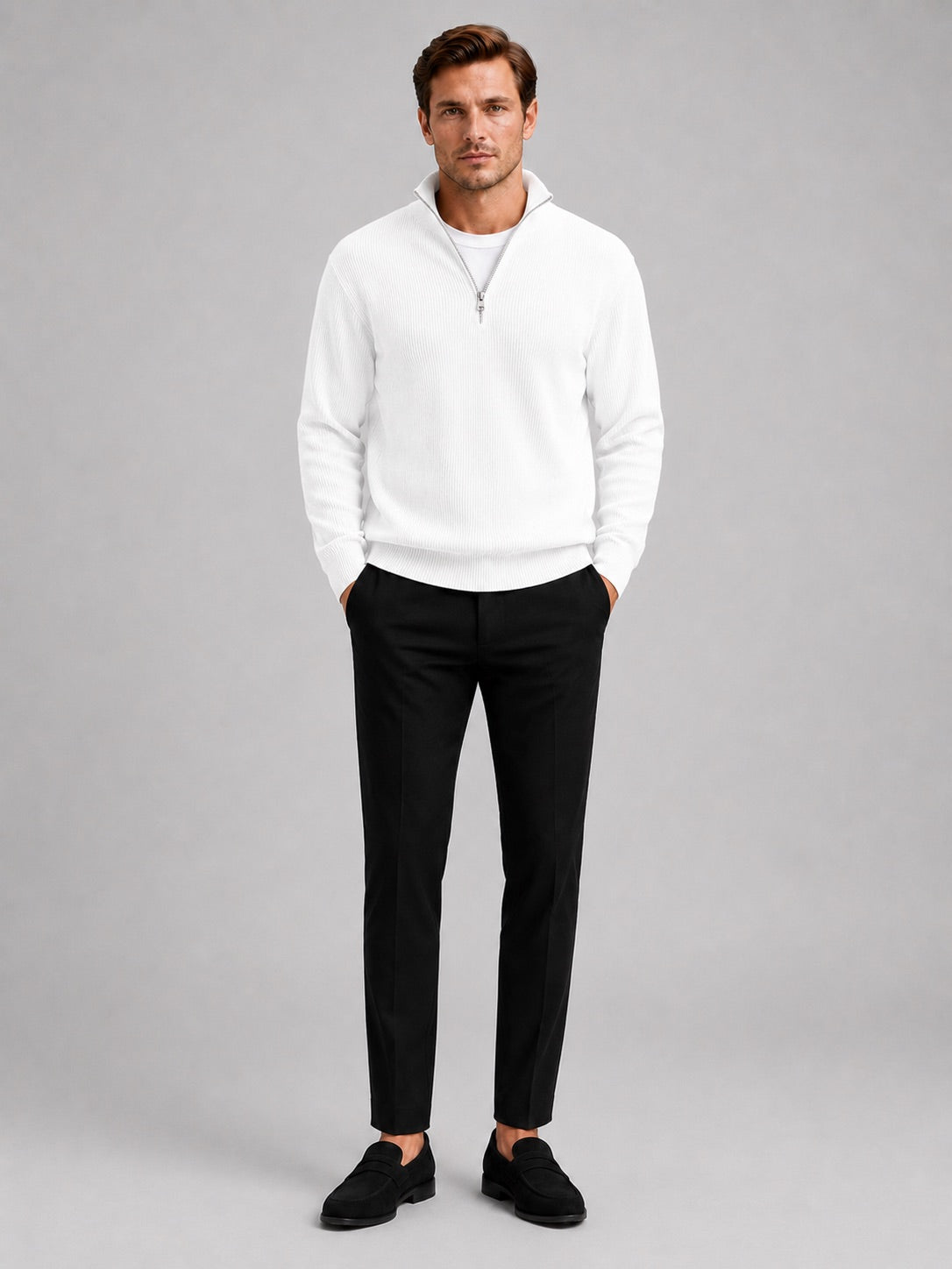 Men’s Quarter Zip Jumper Ribbed Stand Collar Long Sleeve Knit Autumn Winter Pullover for Business Casual and Everyday Wear