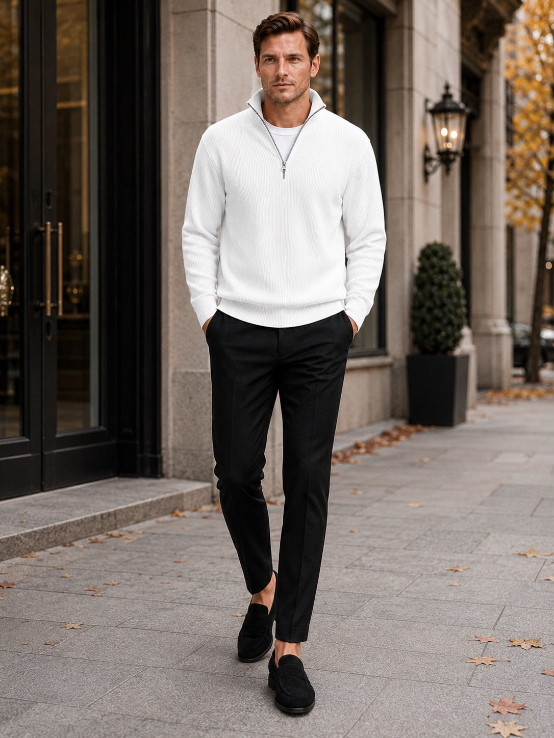 Men’s Quarter Zip Jumper Ribbed Stand Collar Long Sleeve Knit Autumn Winter Pullover for Business Casual and Everyday Wear