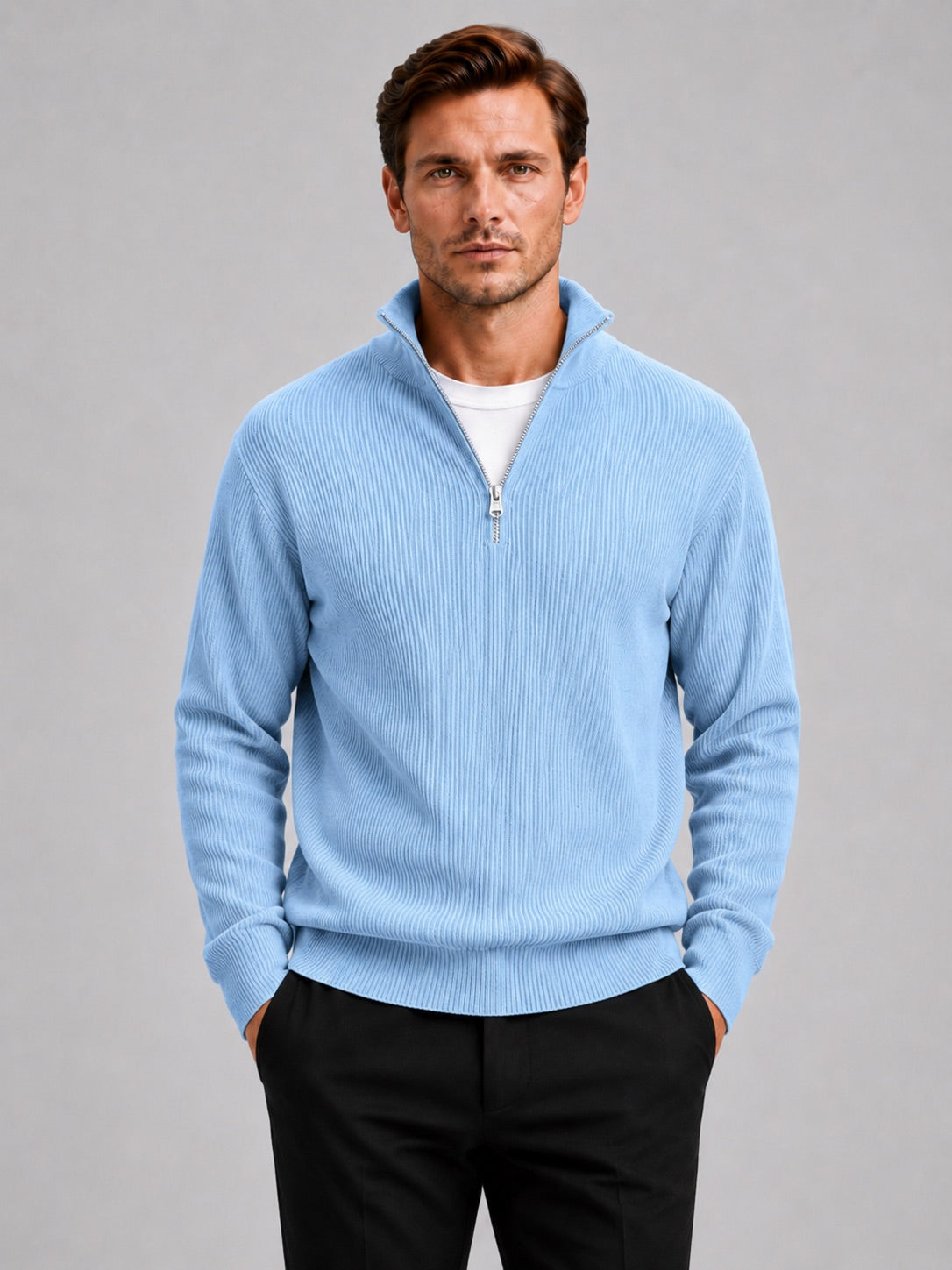 Men’s Quarter Zip Jumper Ribbed Stand Collar Long Sleeve Knit Autumn Winter Pullover for Business Casual and Everyday Wear