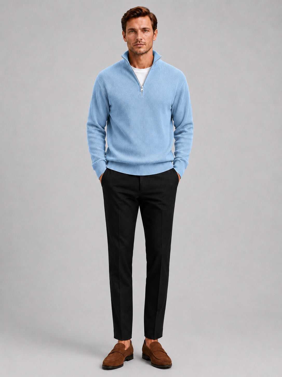 Men’s Quarter Zip Jumper Ribbed Stand Collar Long Sleeve Knit Autumn Winter Pullover for Business Casual and Everyday Wear