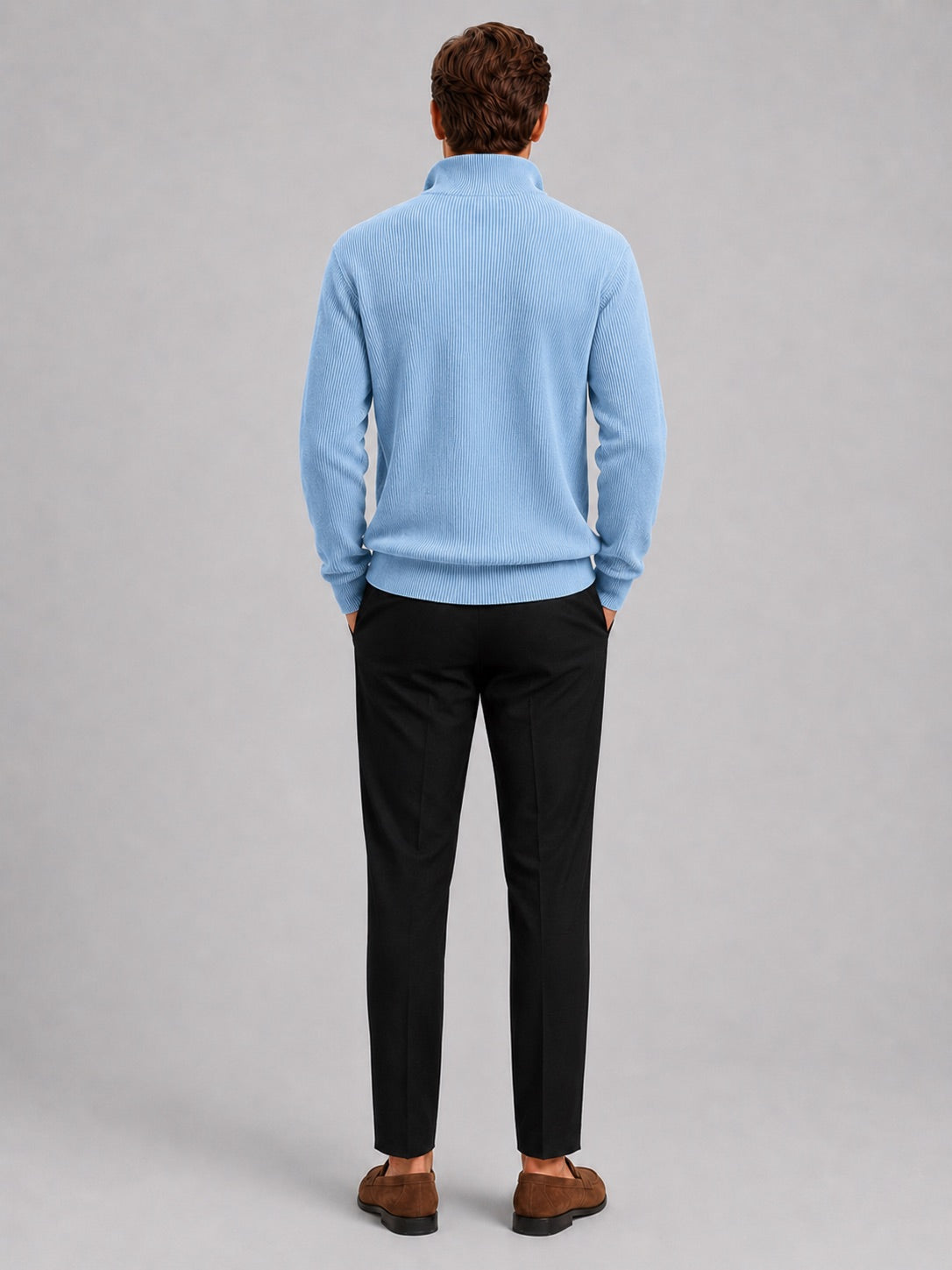 Men’s Quarter Zip Jumper Ribbed Stand Collar Long Sleeve Knit Autumn Winter Pullover for Business Casual and Everyday Wear