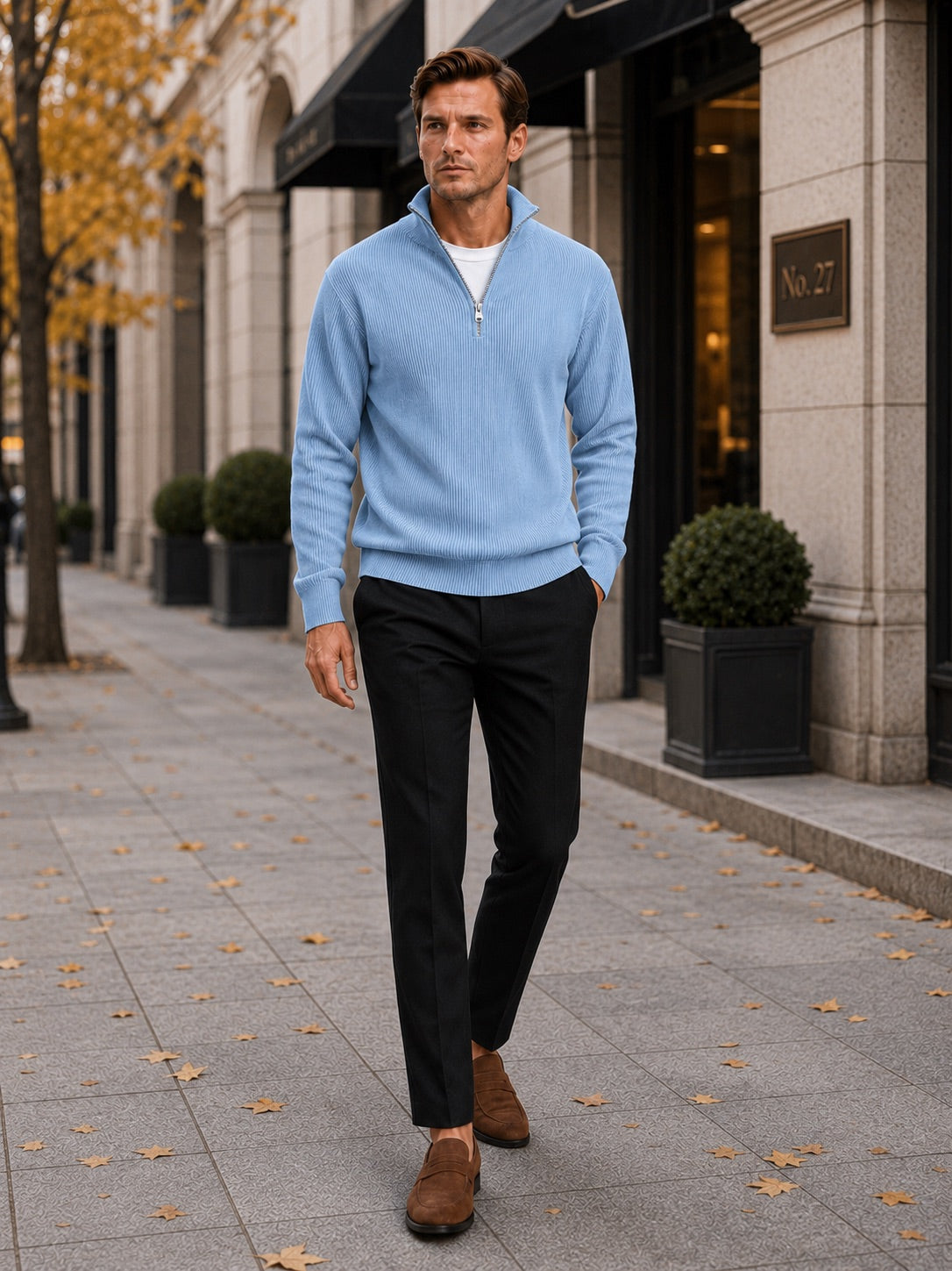 Men’s Quarter Zip Jumper Ribbed Stand Collar Long Sleeve Knit Autumn Winter Pullover for Business Casual and Everyday Wear