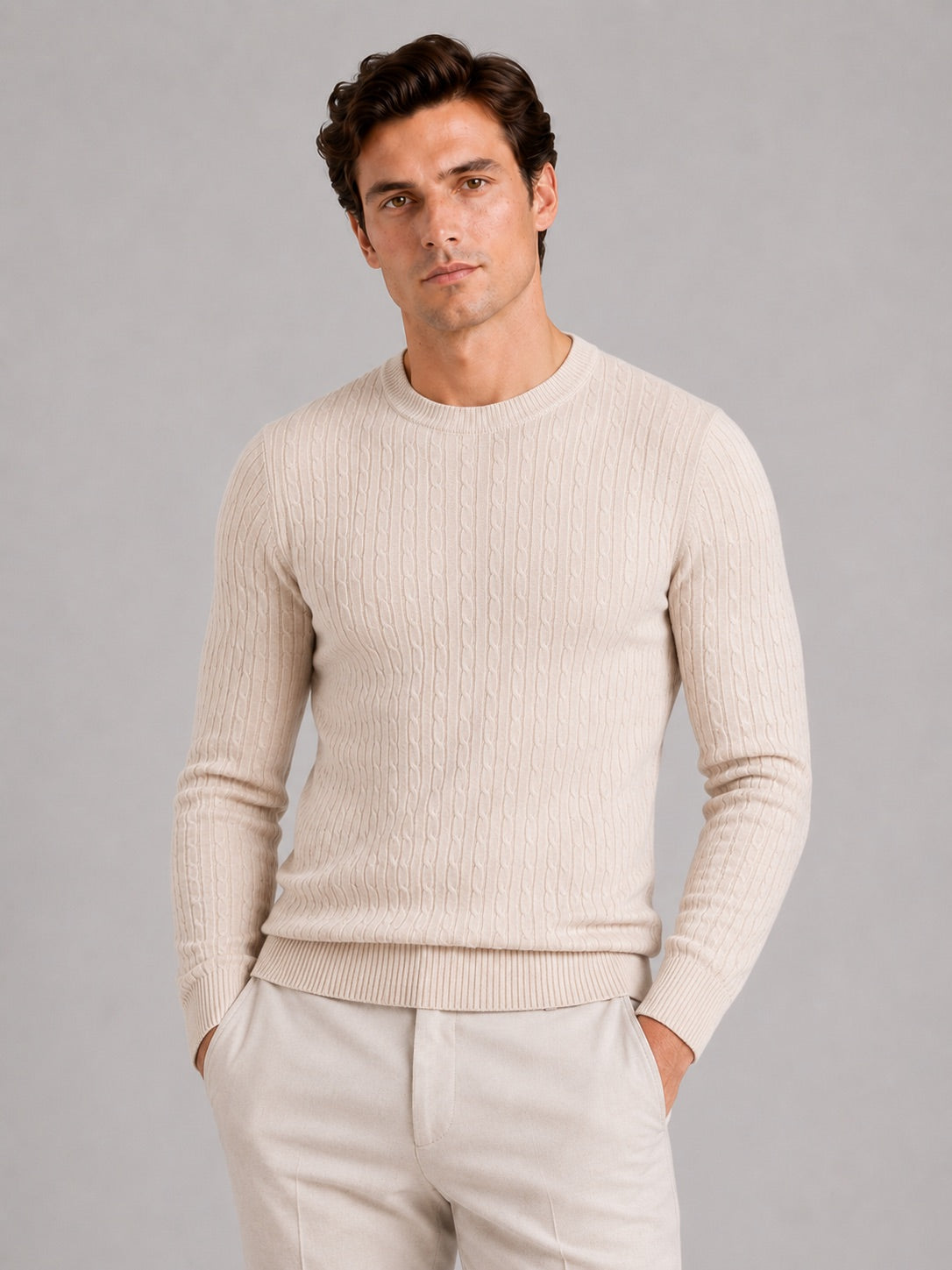 Men’s Cable Knit Crewneck Jumper Long Sleeve Lightweight Spring Pullover for Business Casual and Everyday Wear