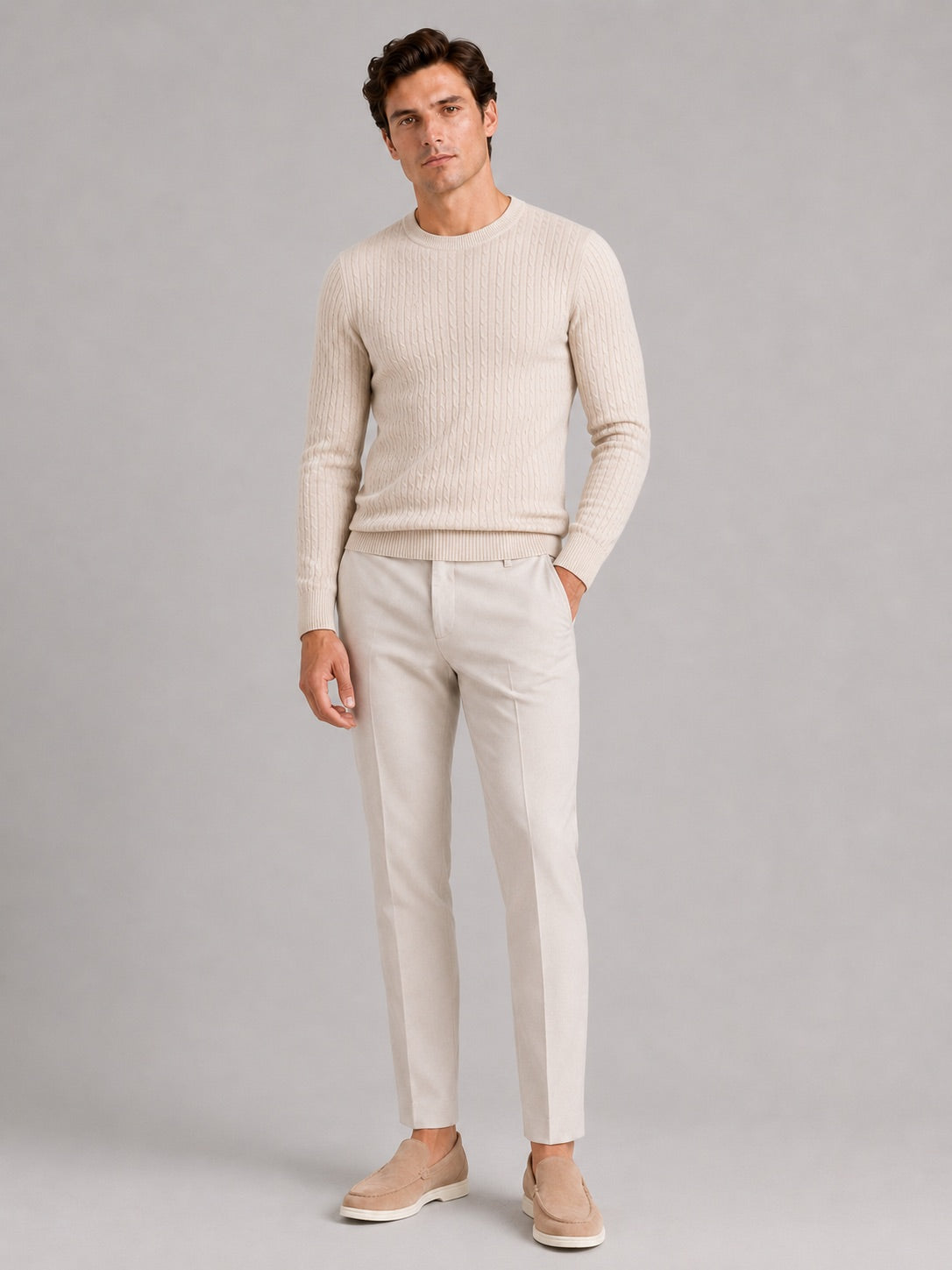Men’s Cable Knit Crewneck Jumper Long Sleeve Lightweight Spring Pullover for Business Casual and Everyday Wear
