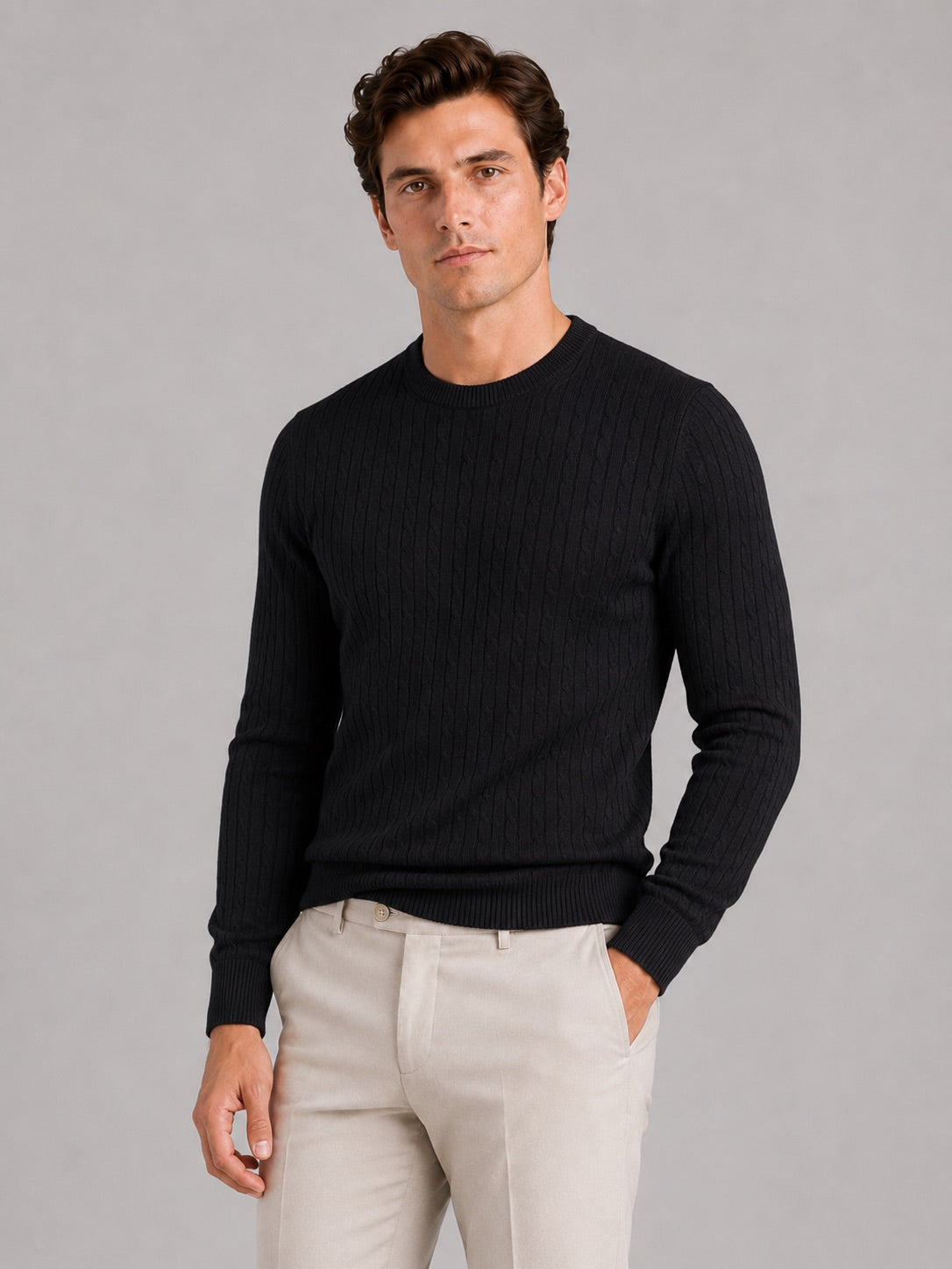 Men’s Cable Knit Crewneck Jumper Long Sleeve Lightweight Spring Pullover for Business Casual and Everyday Wear