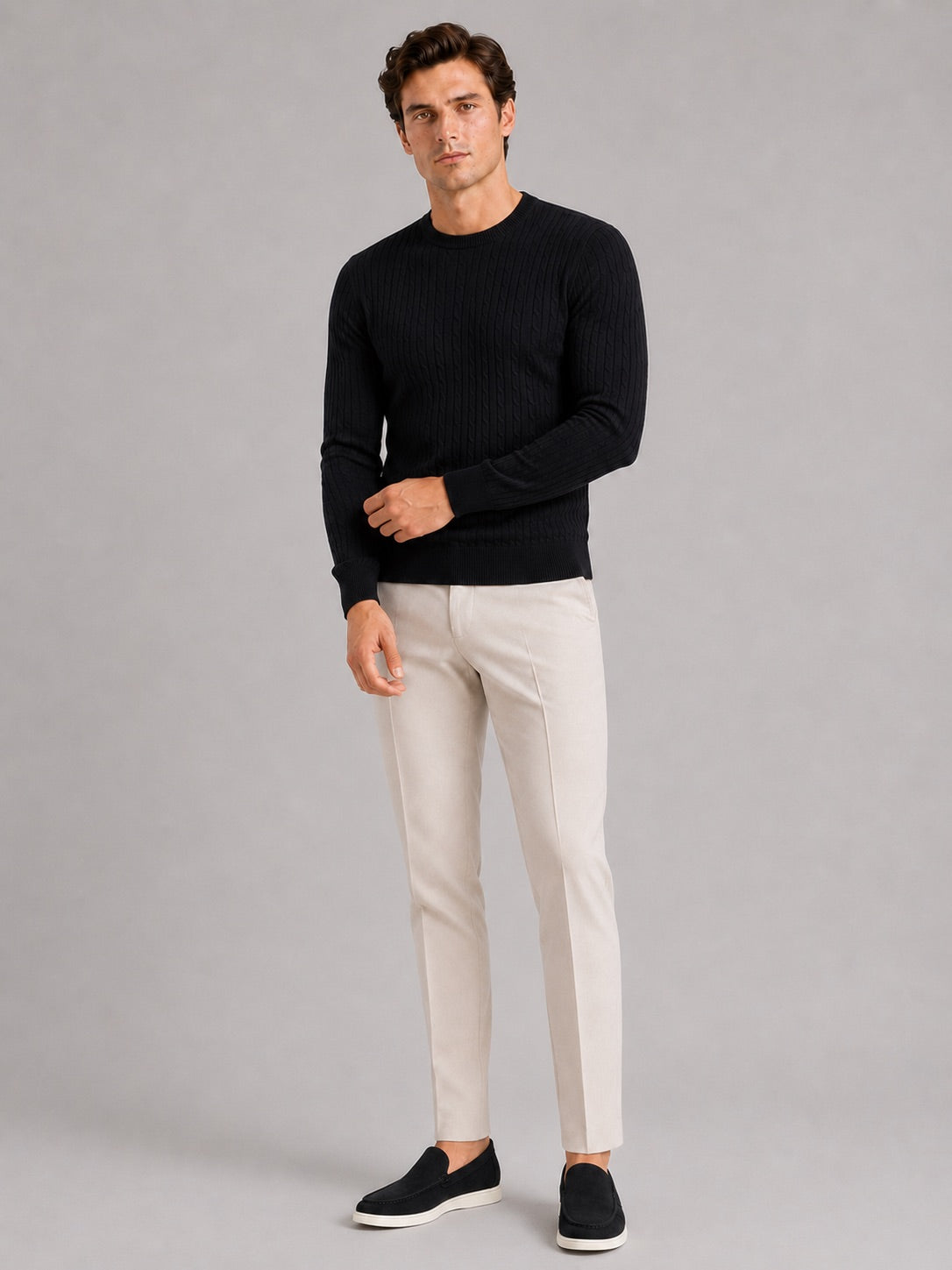 Men’s Cable Knit Crewneck Jumper Long Sleeve Lightweight Spring Pullover for Business Casual and Everyday Wear