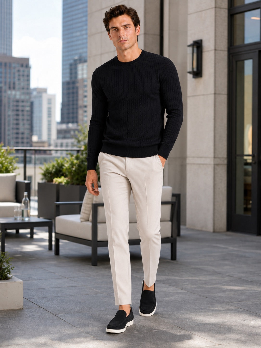 Men’s Cable Knit Crewneck Jumper Long Sleeve Lightweight Spring Pullover for Business Casual and Everyday Wear