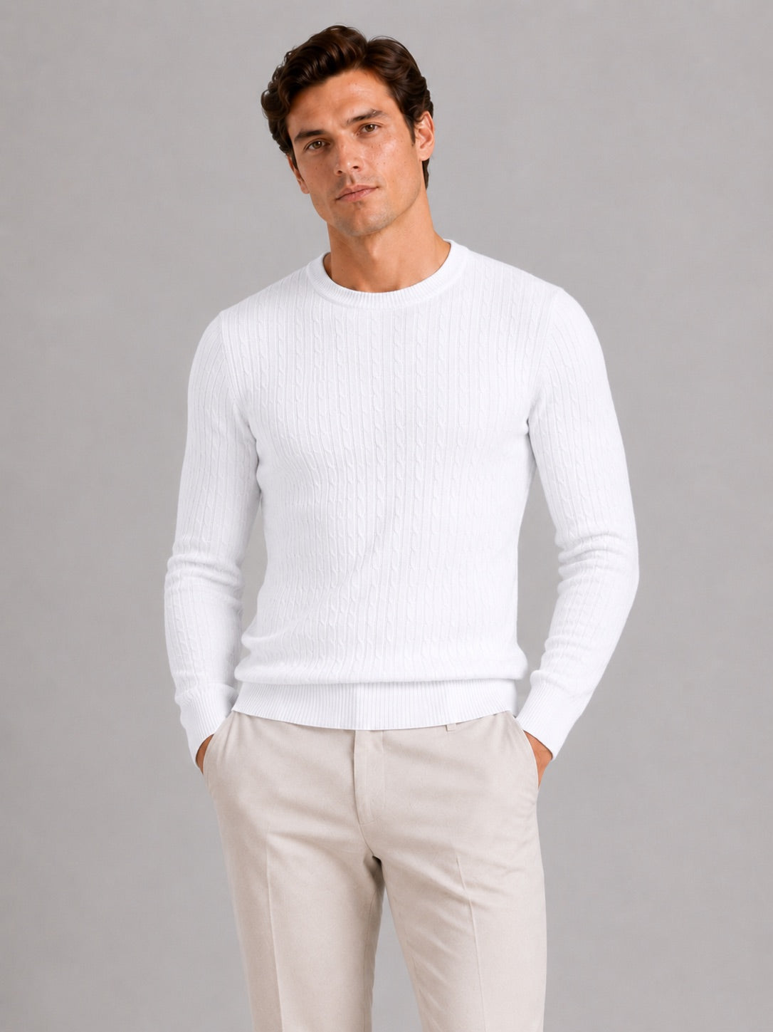 Men’s Cable Knit Crewneck Jumper Long Sleeve Lightweight Spring Pullover for Business Casual and Everyday Wear