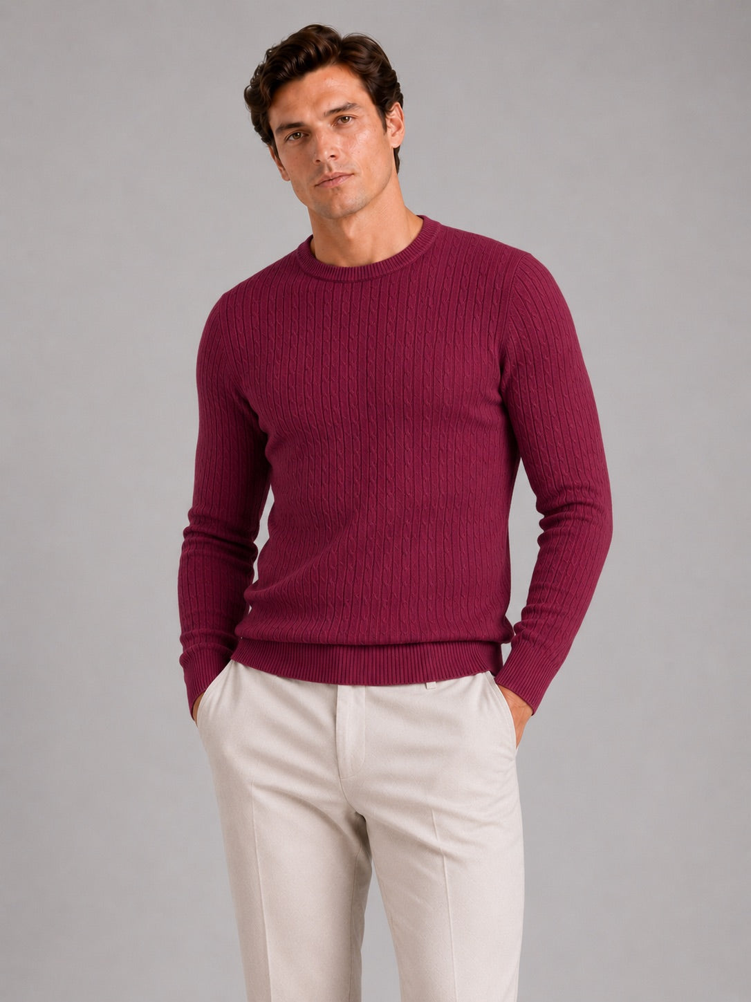 Men’s Cable Knit Crewneck Jumper Long Sleeve Lightweight Spring Pullover for Business Casual and Everyday Wear