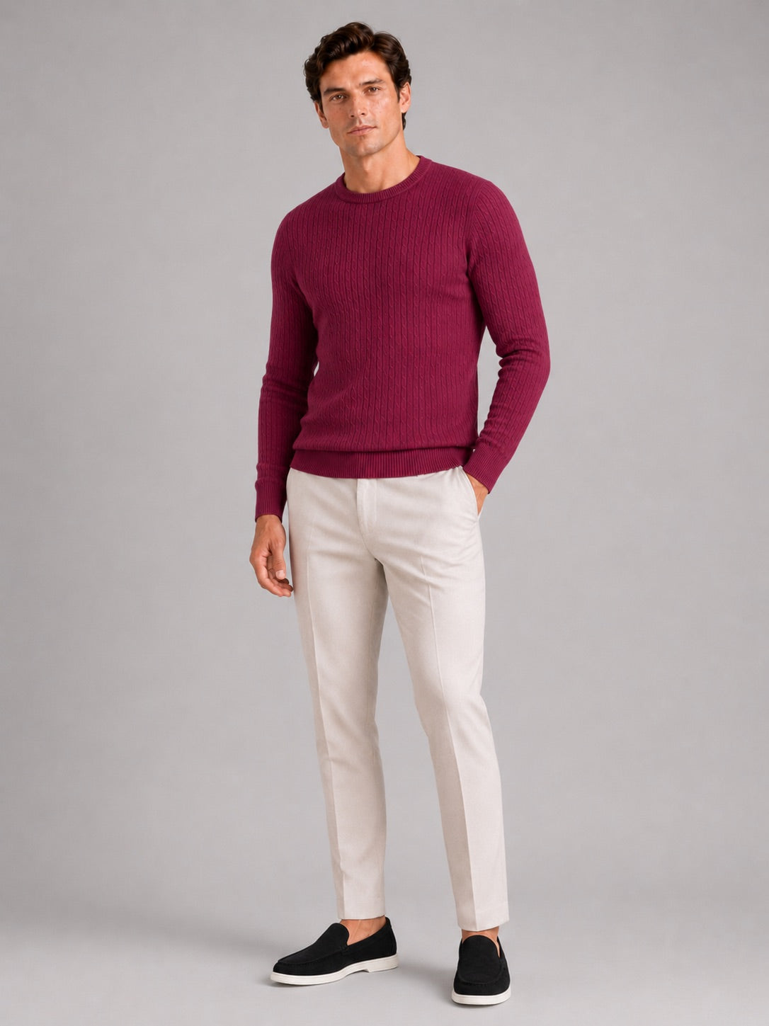 Men’s Cable Knit Crewneck Jumper Long Sleeve Lightweight Spring Pullover for Business Casual and Everyday Wear