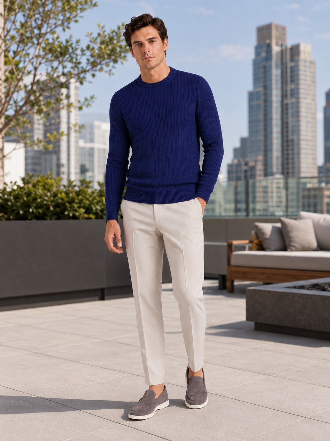 Men’s Cable Knit Crewneck Jumper Long Sleeve Lightweight Spring Pullover for Business Casual and Everyday Wear