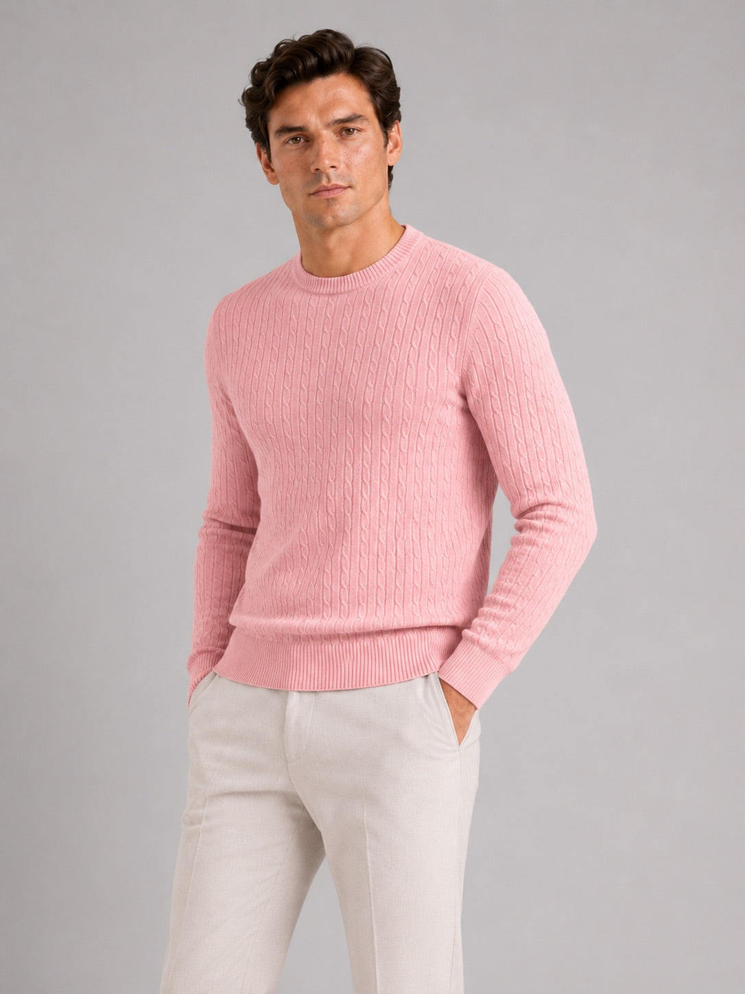 Men’s Cable Knit Crewneck Jumper Long Sleeve Lightweight Spring Pullover for Business Casual and Everyday Wear