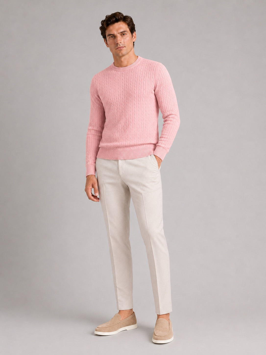 Men’s Cable Knit Crewneck Jumper Long Sleeve Lightweight Spring Pullover for Business Casual and Everyday Wear