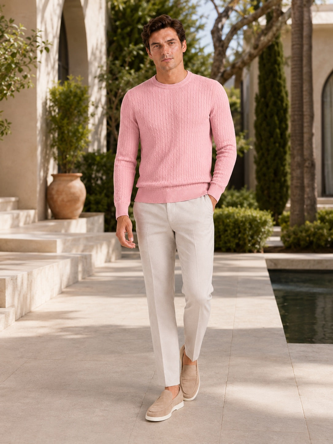 Men’s Cable Knit Crewneck Jumper Long Sleeve Lightweight Spring Pullover for Business Casual and Everyday Wear