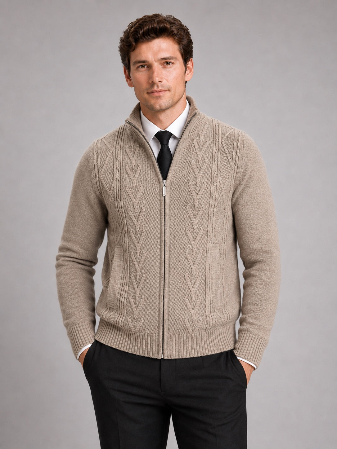 Men’s Knit Stand Collar Full Zip Thick Warm Autumn Winter Jumper for Casual and Everyday Wear