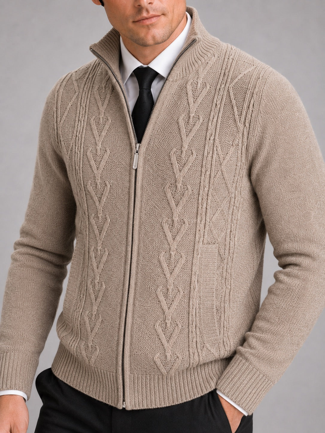 Men’s Knit Stand Collar Full Zip Thick Warm Autumn Winter Jumper for Casual and Everyday Wear