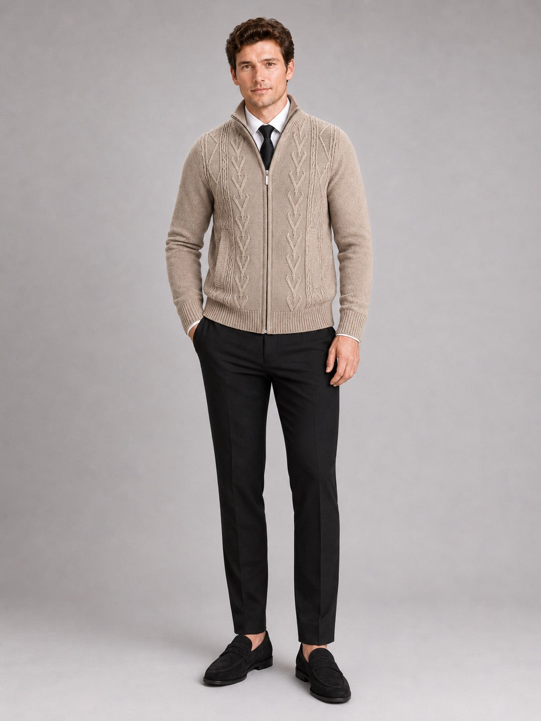 Men’s Knit Stand Collar Full Zip Thick Warm Autumn Winter Jumper for Casual and Everyday Wear