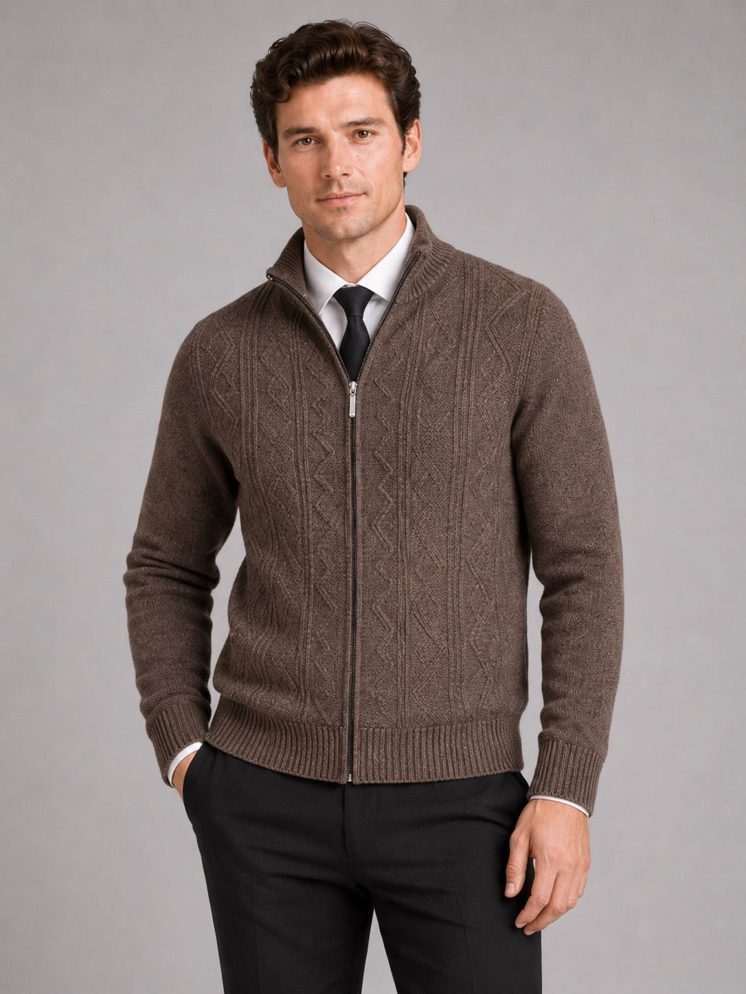 Men’s Knit Stand Collar Full Zip Thick Warm Autumn Winter Jumper for Casual and Everyday Wear