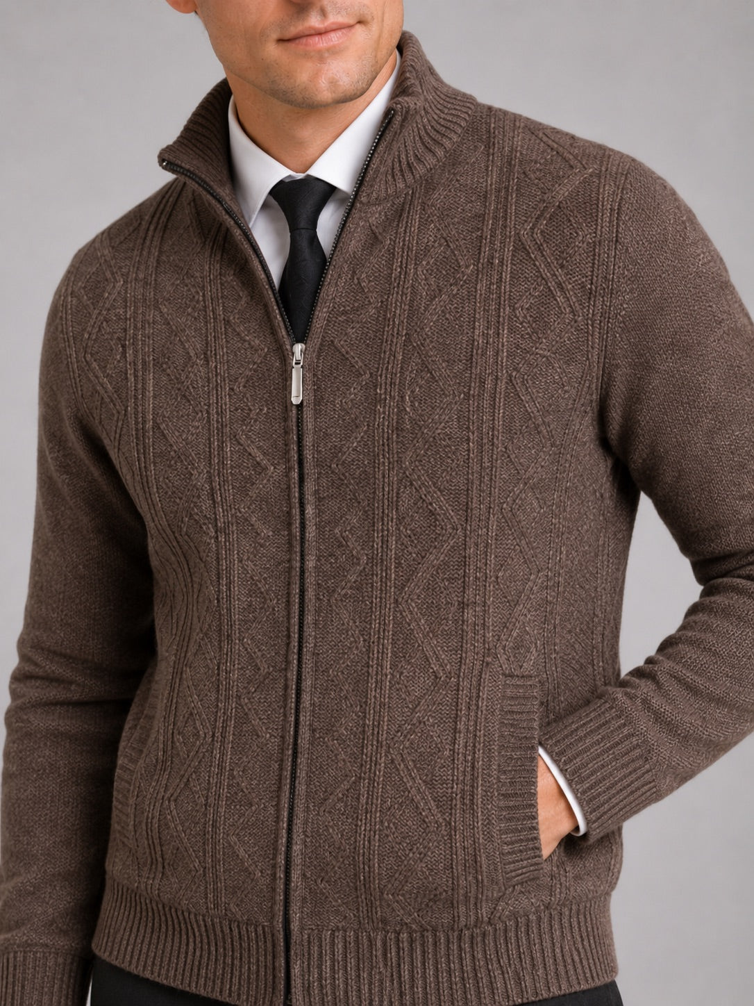 Men’s Knit Stand Collar Full Zip Thick Warm Autumn Winter Jumper for Casual and Everyday Wear