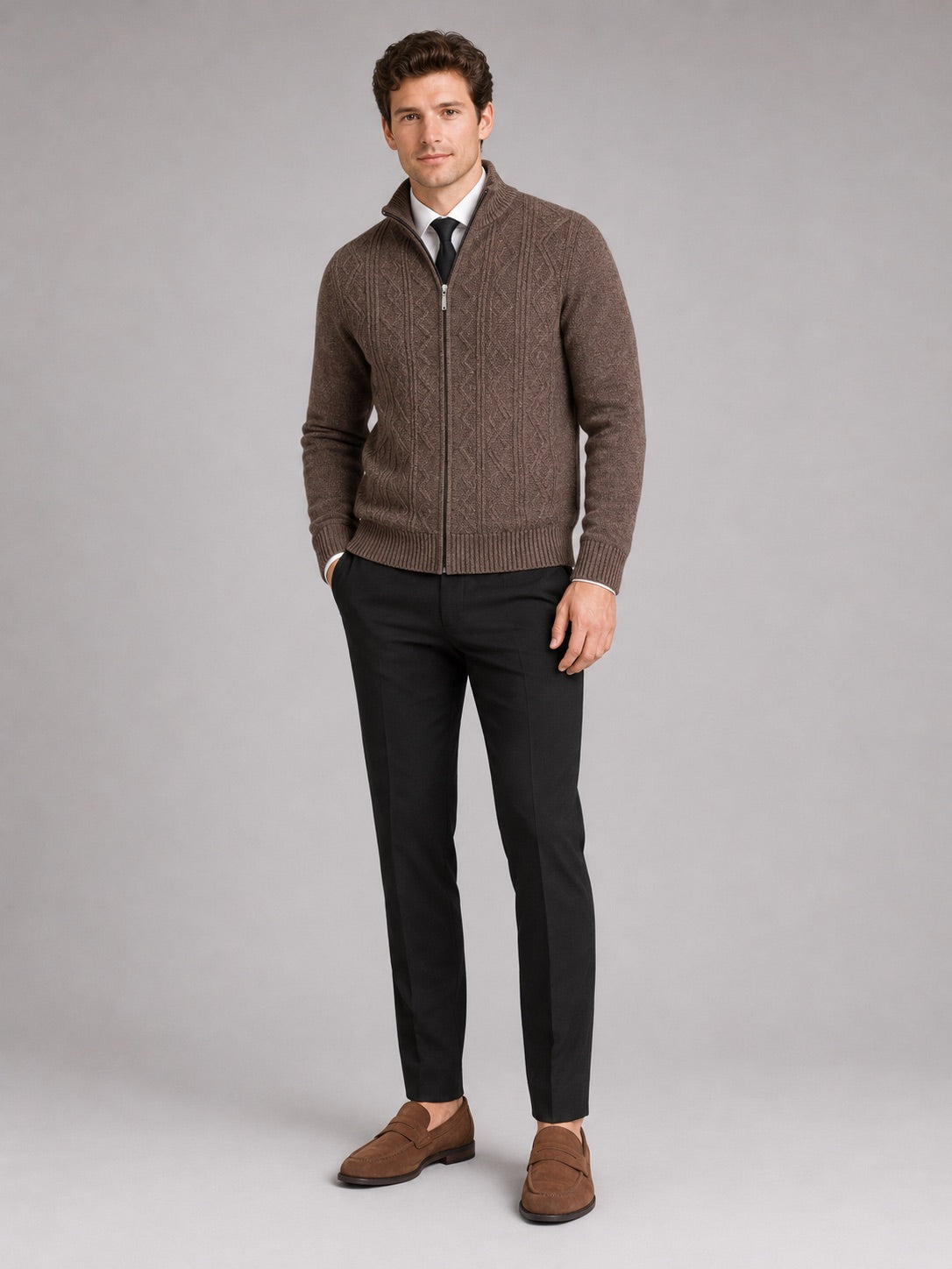 Men’s Knit Stand Collar Full Zip Thick Warm Autumn Winter Jumper for Casual and Everyday Wear