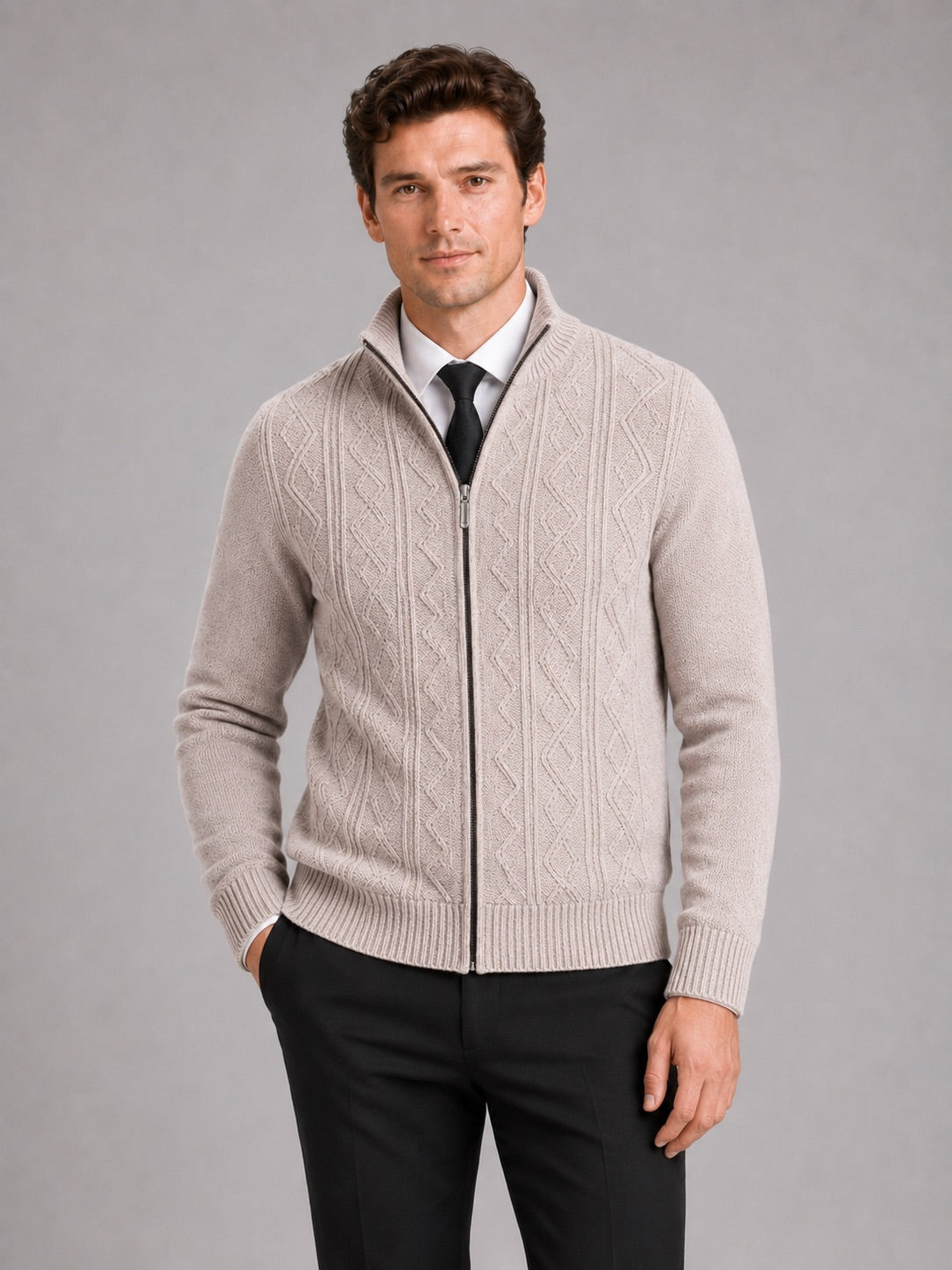 Men’s Knit Stand Collar Full Zip Thick Warm Autumn Winter Jumper for Casual and Everyday Wear
