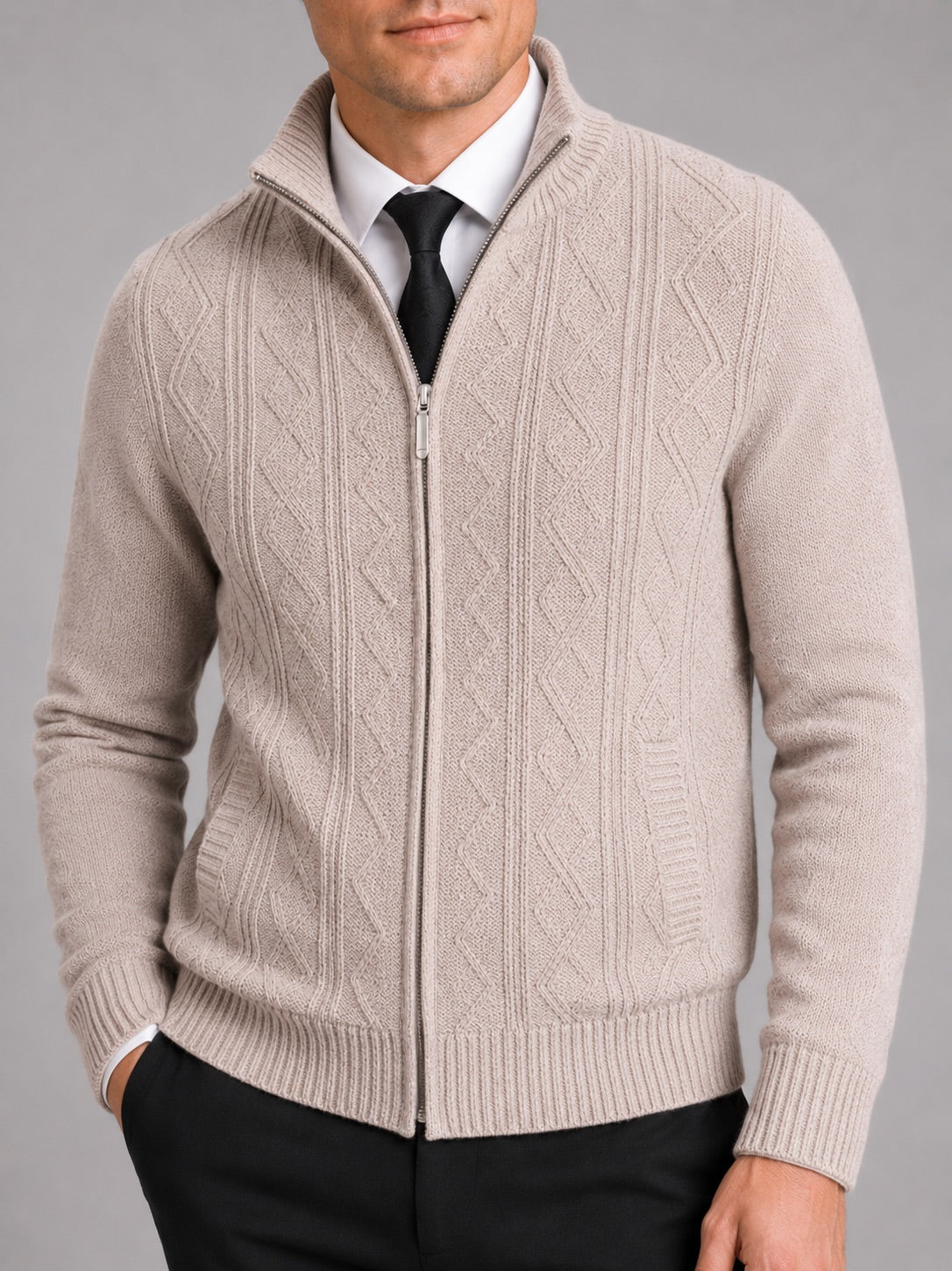 Men’s Knit Stand Collar Full Zip Thick Warm Autumn Winter Jumper for Casual and Everyday Wear