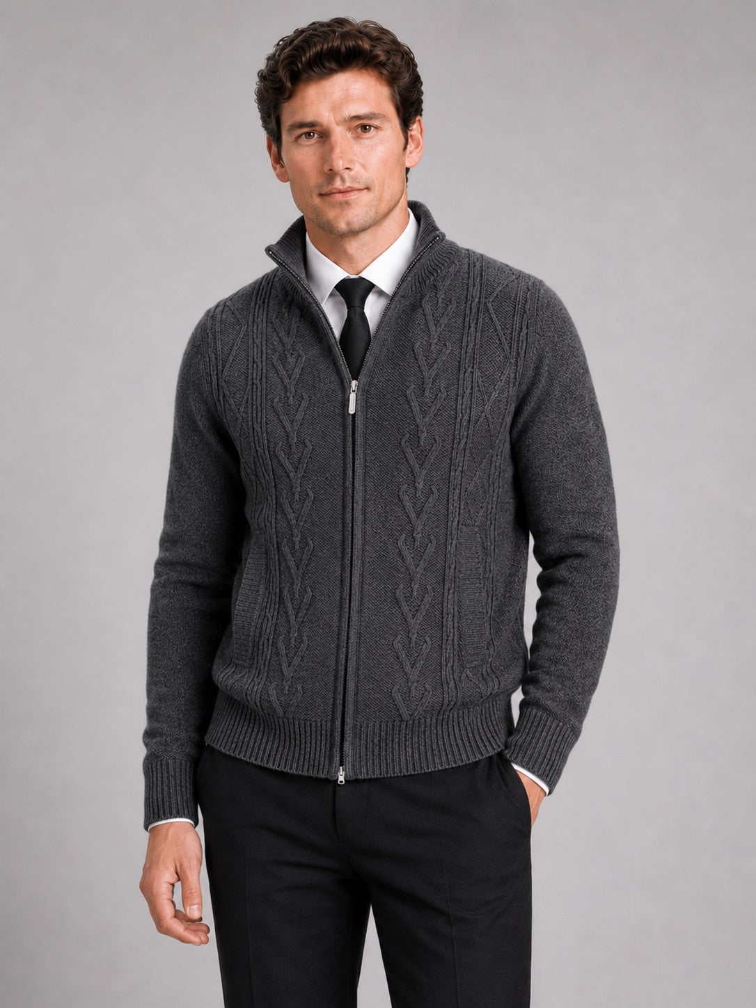 Men’s Knit Stand Collar Full Zip Thick Warm Autumn Winter Jumper for Casual and Everyday Wear
