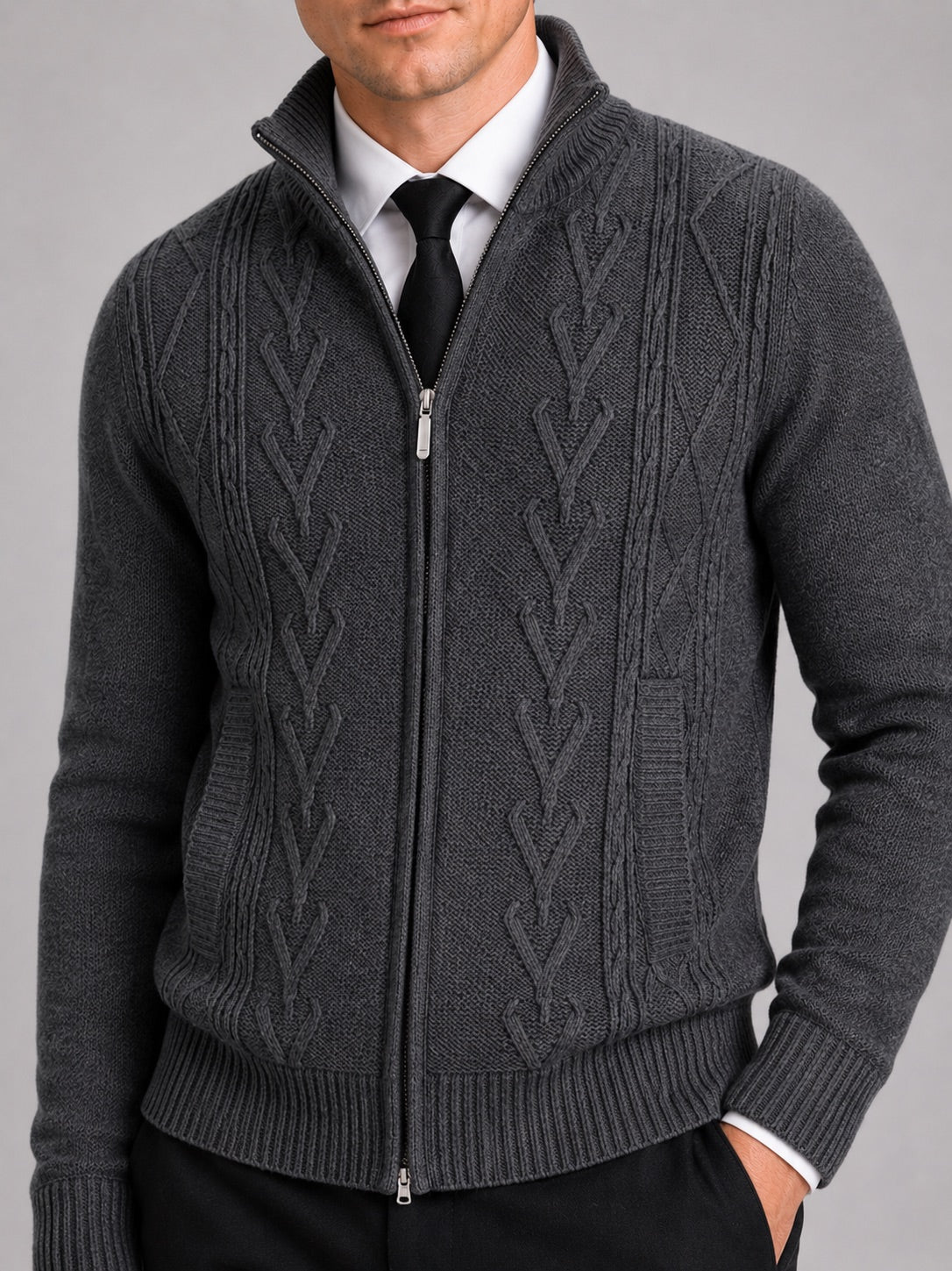 Men’s Knit Stand Collar Full Zip Thick Warm Autumn Winter Jumper for Casual and Everyday Wear