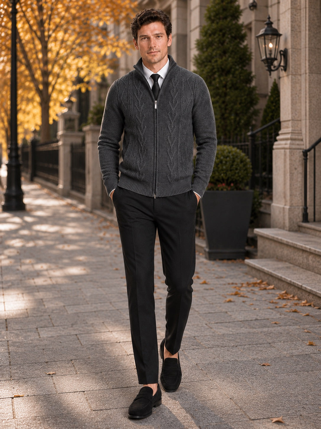 Men’s Knit Stand Collar Full Zip Thick Warm Autumn Winter Jumper for Casual and Everyday Wear