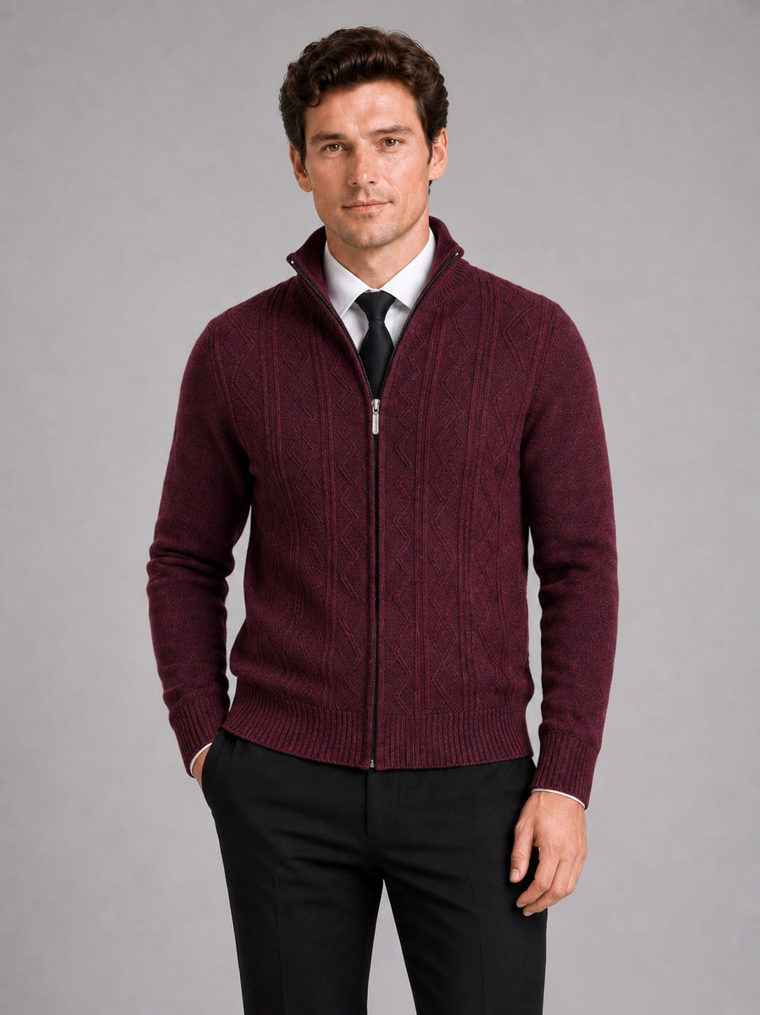 Men’s Knit Stand Collar Full Zip Thick Warm Autumn Winter Jumper for Casual and Everyday Wear
