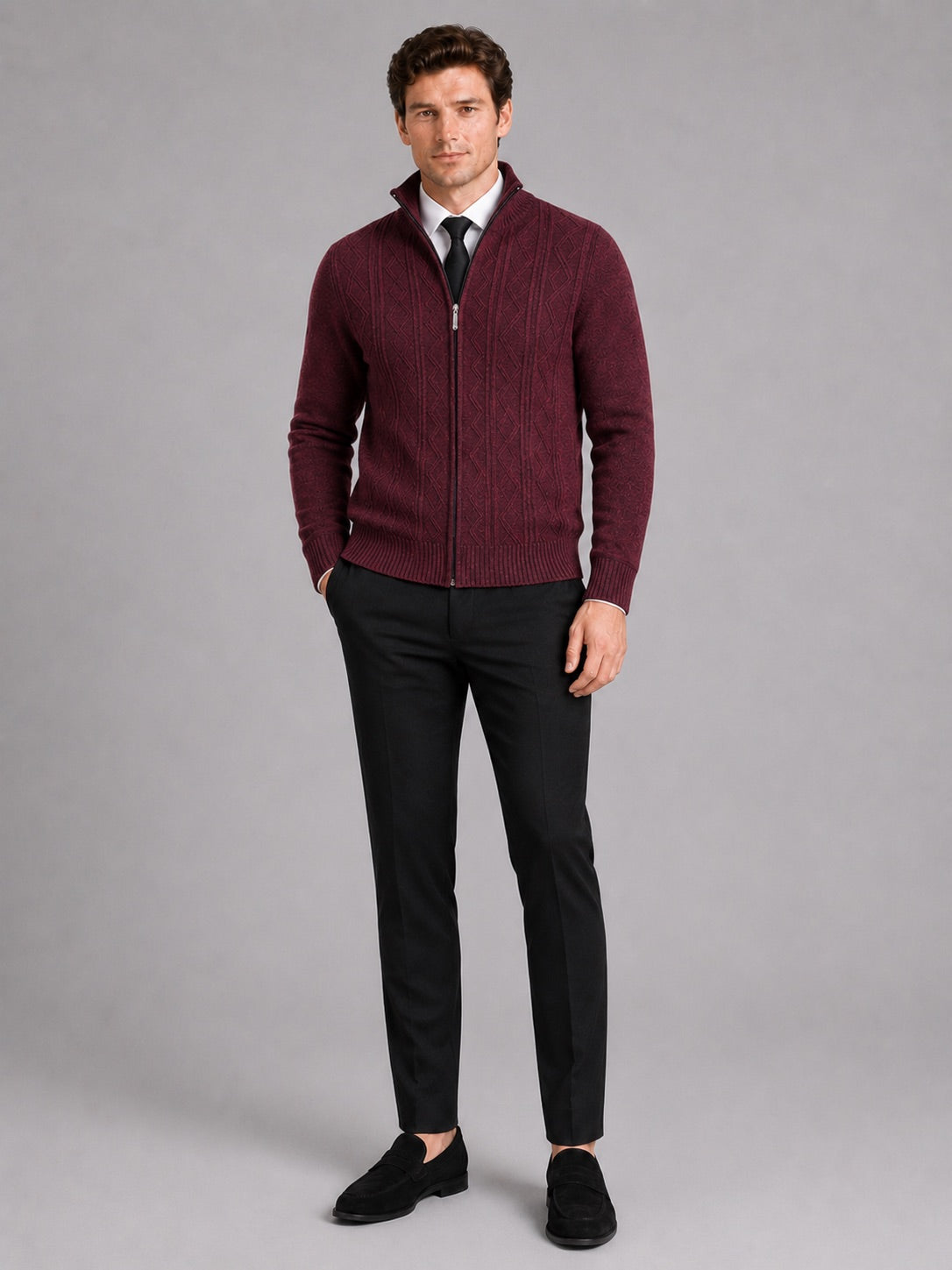 Men’s Knit Stand Collar Full Zip Thick Warm Autumn Winter Jumper for Casual and Everyday Wear