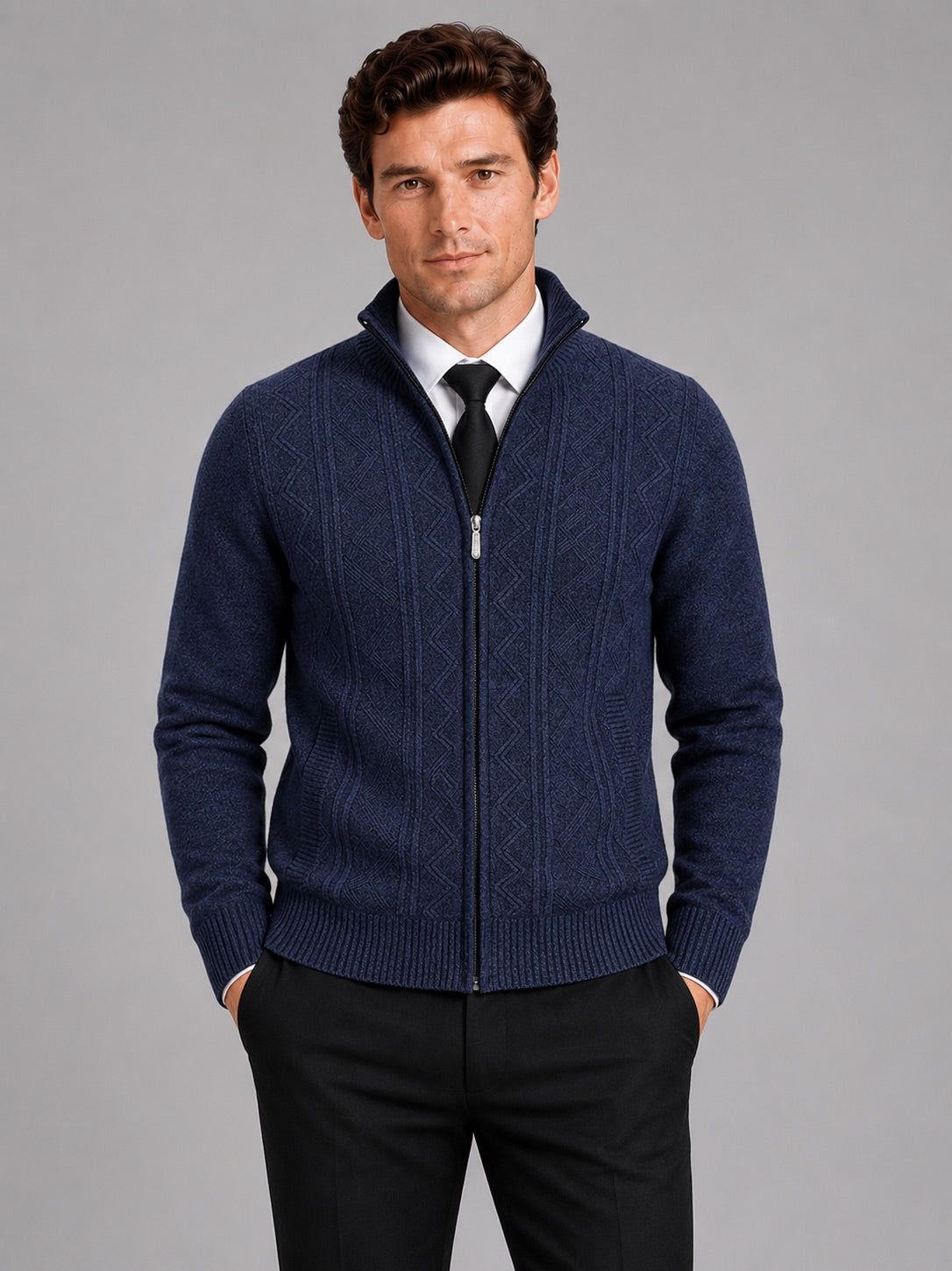 Men’s Knit Stand Collar Full Zip Thick Warm Autumn Winter Jumper for Casual and Everyday Wear