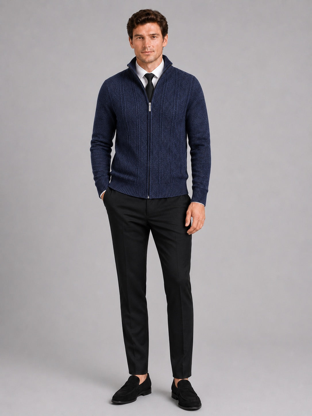 Men’s Knit Stand Collar Full Zip Thick Warm Autumn Winter Jumper for Casual and Everyday Wear