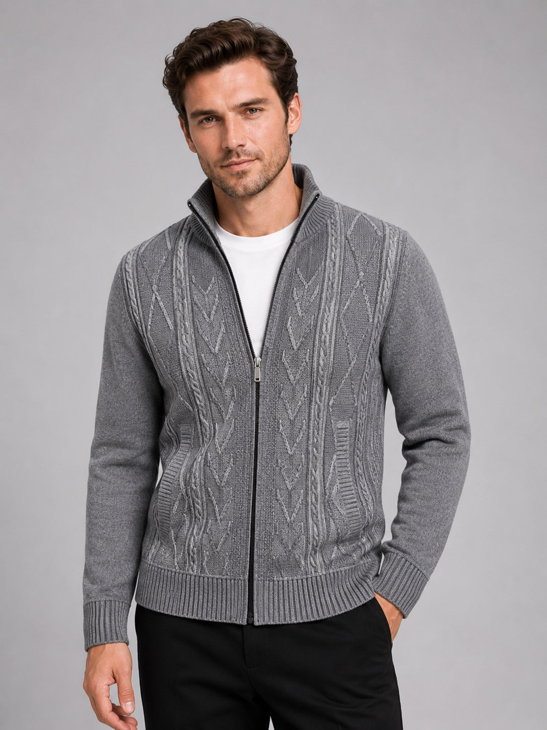 Men’s Knit Stand Collar Full Zip Thick Warm Autumn Winter Jumper for Casual and Everyday Wear