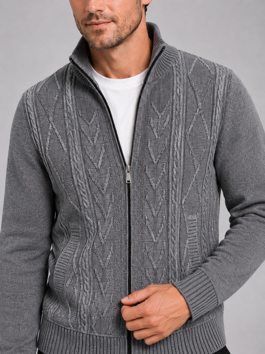 Men’s Knit Stand Collar Full Zip Thick Warm Autumn Winter Jumper for Casual and Everyday Wear