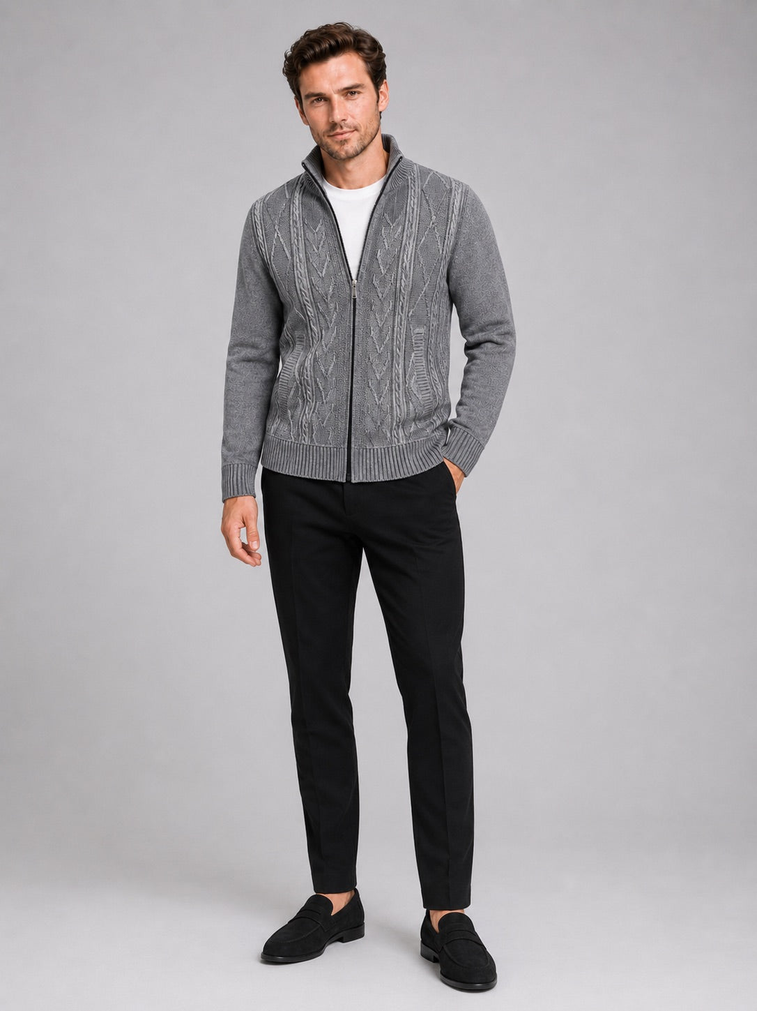 Men’s Knit Stand Collar Full Zip Thick Warm Autumn Winter Jumper for Casual and Everyday Wear