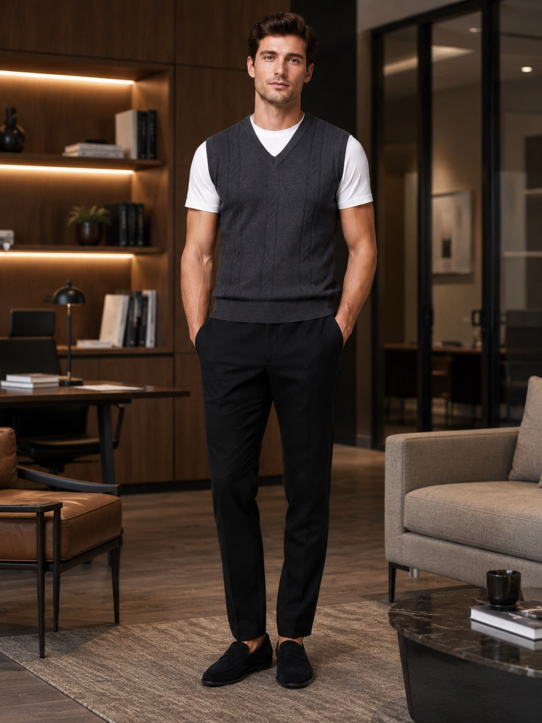 Men’s Sleeveless Jumper V-Neck Solid Colour Sleeveless Knit Autumn Winter Layer for Business Casual and Everyday Wear