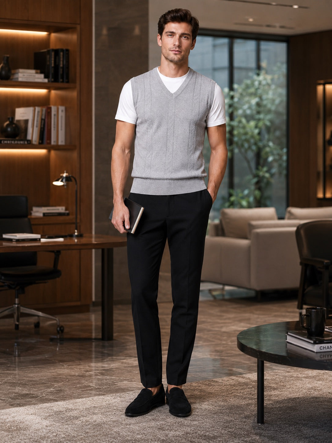 Men’s Sleeveless Jumper V-Neck Solid Colour Sleeveless Knit Autumn Winter Layer for Business Casual and Everyday Wear