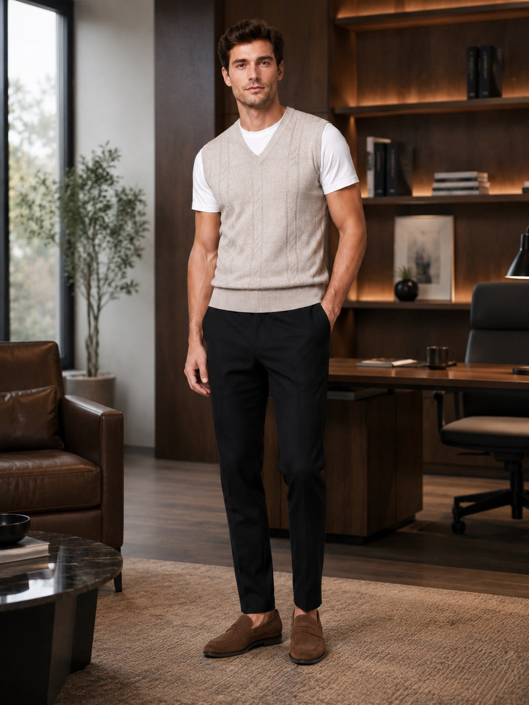 Men’s Sleeveless Jumper V-Neck Solid Colour Sleeveless Knit Autumn Winter Layer for Business Casual and Everyday Wear